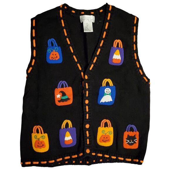 Halloween Jack o Lantern Sweater Vest Vintage 90s Orange Black Pumpkin Cardigan - Picture 1 of 11